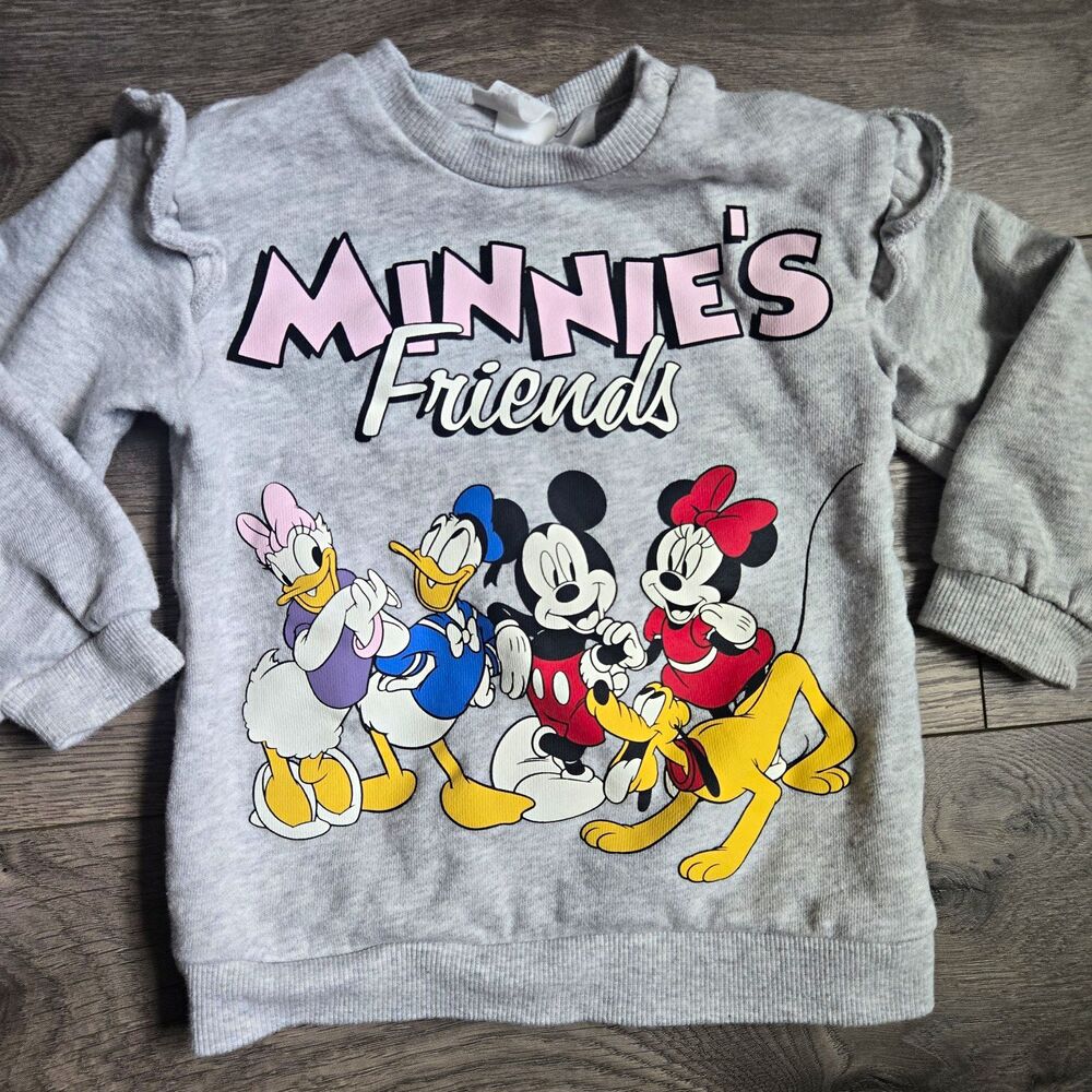 HM Disney Minnie Friends Sweatshirt Girls 2T Gray Ruffle Shoulder French Terry